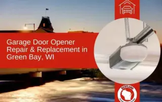 A bridge at sunset with a prominent sign advertising garage door opener repair and replacement in Green Bay. The image includes an inset of a…| Bestland Garage Door Service – Green Bay Garage Door Repair