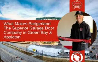 A smiling technician in a Bestland Garage Door Service uniform holds a red garage door spring. Behind him is a view of Lambeau Field in Green Bay. Text highlights the company's expertise in garage door repair in Green Bay and Appleton.| Bestland Garage Door Service – Green Bay Garage Door Repair