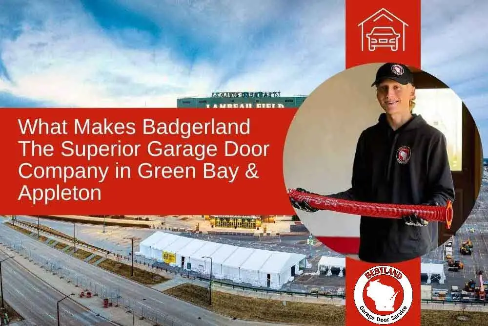 A smiling technician in a Bestland Garage Door Service uniform holds a red garage door spring. Behind him is a view of Lambeau Field in Green Bay. Text highlights the company's expertise in garage door repair in Green Bay and Appleton.| Bestland Garage Door Service – Green Bay Garage Door Repair