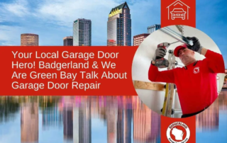 A technician in a red uniform repairs a garage door in Green Bay, with a city skyline in the background.| Bestland Garage Door Service – Green Bay Garage Door Repair