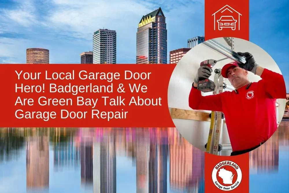 A technician in a red uniform repairs a garage door in Green Bay, with a city skyline in the background.| Bestland Garage Door Service – Green Bay Garage Door Repair