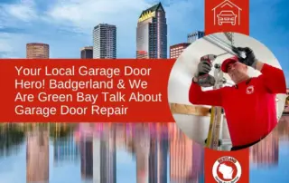 A man in a red uniform uses a drill to repair a garage door. The image has a city skyline in the background and text promoting Green Bay garage door repair services.| Bestland Garage Door Service – Green Bay Garage Door Repair