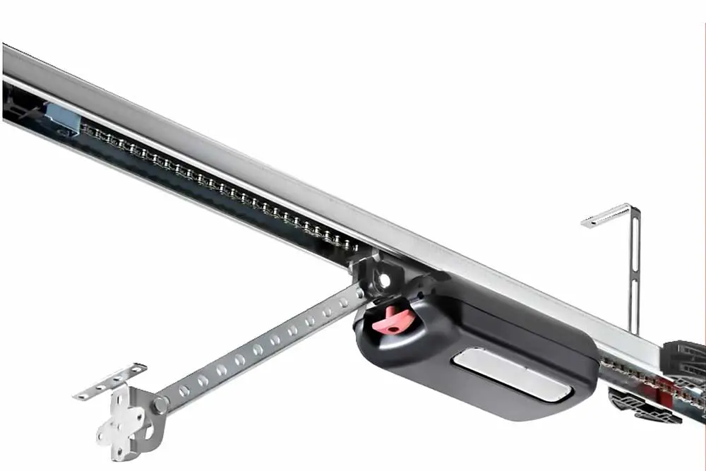 Garage door opener system with metal rail and motor, ideal for Green Bay garage door repair and maintenance services.| Bestland Garage Door Service – Green Bay Garage Door Repair