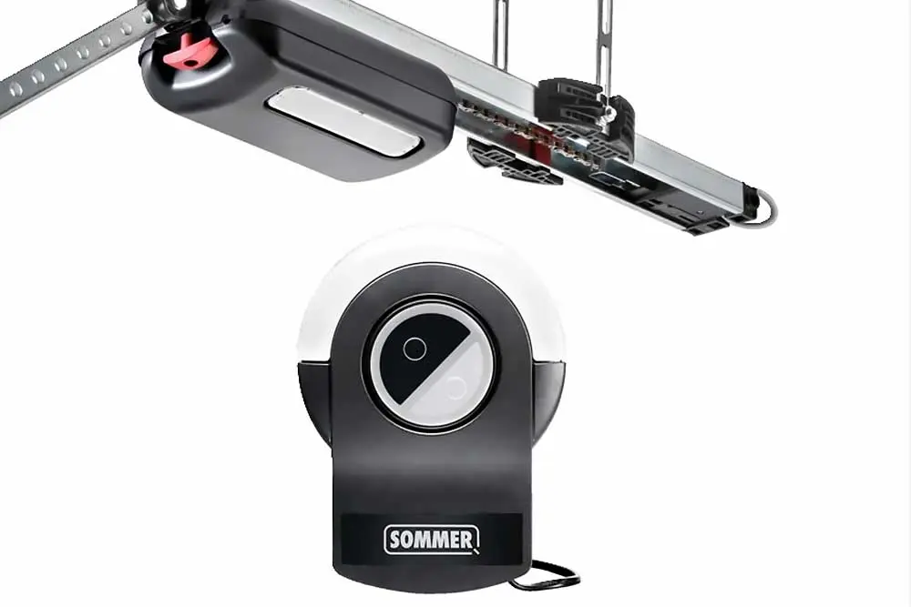 A black and white garage door opener system, ideal for Green Bay garage door repair, is shown against a plain background.| Bestland Garage Door Service – Green Bay Garage Door Repair