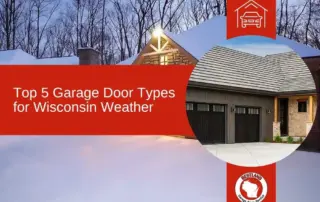 A snowy house with two black garage doors, surrounded by trees, highlights the importance of choosing the right garage door for Wisconsin weather. A text…| Bestland Garage Door Service – Green Bay Garage Door Repair