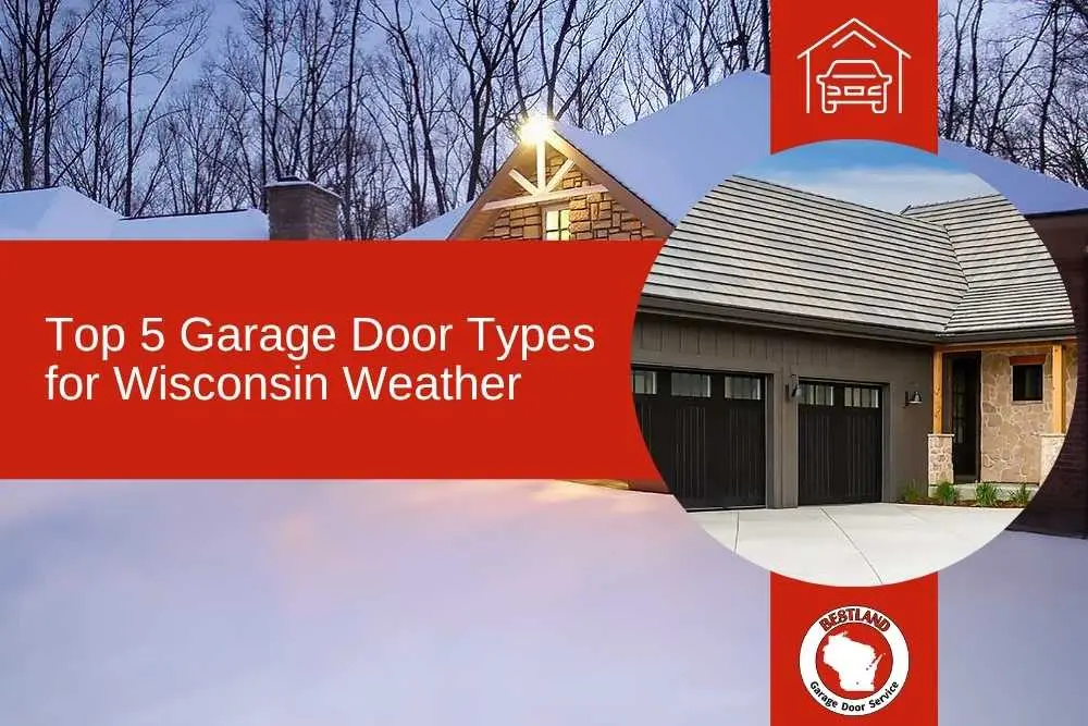 A snowy house with two black garage doors, surrounded by trees, highlights the importance of choosing the right garage door for Wisconsin weather. A text…| Bestland Garage Door Service – Green Bay Garage Door Repair