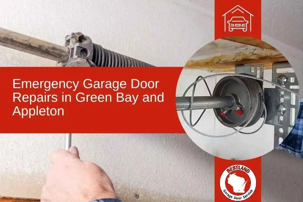 A hand adjusts a garage door spring mechanism, emphasizing garage door repair services available in Green Bay and Appleton. The image features a red banner with text highlighting emergency repair services.| Bestland Garage Door Service – Green Bay Garage Door Repair