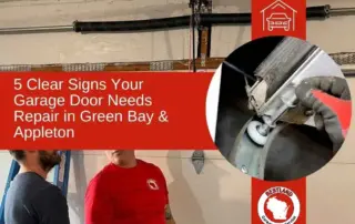A technician in a red shirt discusses garage door repair inside a garage with visible springs and cables. A circular inset shows a close-up of a gloved hand repairing a door. Text highlights repair services in Green Bay and Appleton.| Bestland Garage Door Service – Green Bay Garage Door Repair