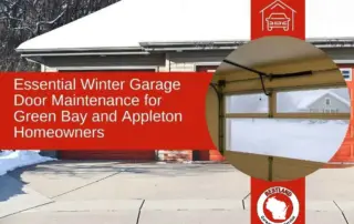 A snowy driveway leads to a garage with red doors, featuring a sign for winter garage door maintenance in Green Bay and Appleton. An inset shows a close-up of a garage door spring. The "Bestland Garage Door Service" logo is visible.| Bestland Garage Door Service – Green Bay Garage Door Repair