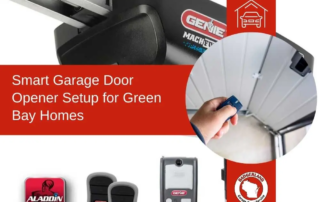 Smart Genie garage door opener setup advertisement for Green Bay homes by Bestland Garage Door Service, showing devices.