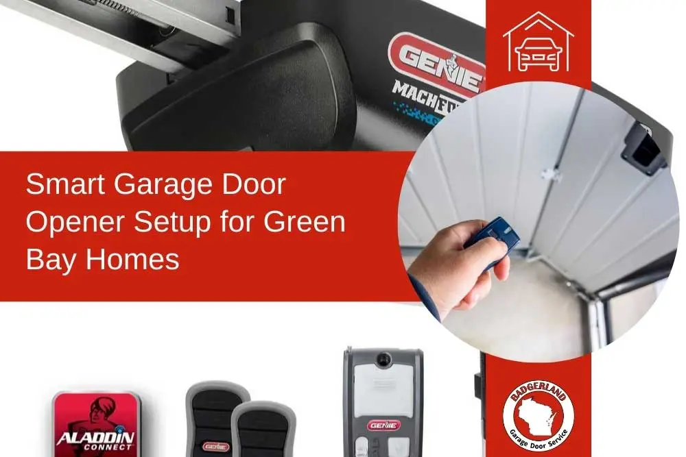 Smart Genie garage door opener setup advertisement for Green Bay homes by Bestland Garage Door Service, showing devices.