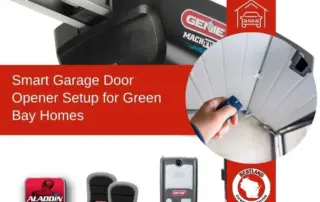 A hand holds a remote control, pointing at a garage door equipped with a Genie opener. The text highlights smart garage door opener setup for…| Bestland Garage Door Service – Green Bay Garage Door Repair