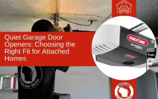 A technician from Bestland Garage Door Service in Appleton installs a garage door opener. The image highlights the quiet Genie Aladdin Connect model, emphasizing its suitability for attached homes.| Bestland Garage Door Service – Green Bay Garage Door Repair