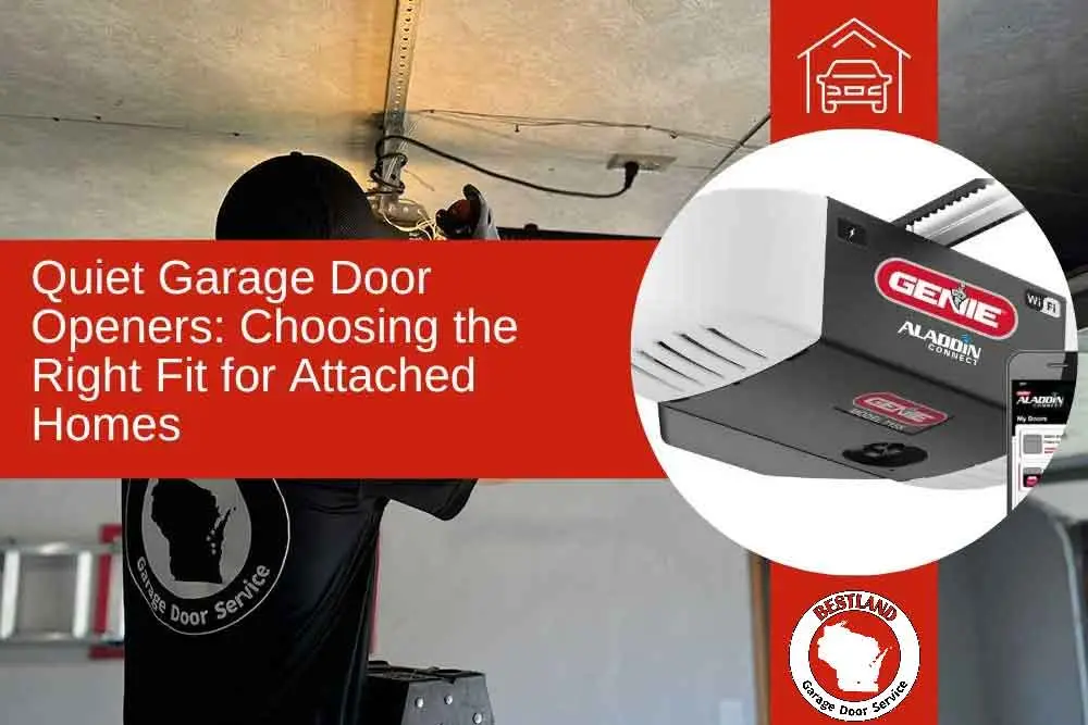 A technician from Bestland Garage Door Service in Appleton installs a garage door opener. The image highlights the quiet Genie Aladdin Connect model, emphasizing its suitability for attached homes.| Bestland Garage Door Service – Green Bay Garage Door Repair