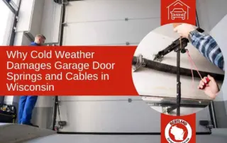 A technician in blue overalls inspects a garage door spring and cable system in a workshop. A red banner highlights “Why Cold Weather Damages Garage…| Bestland Garage Door Service – Green Bay Garage Door Repair
