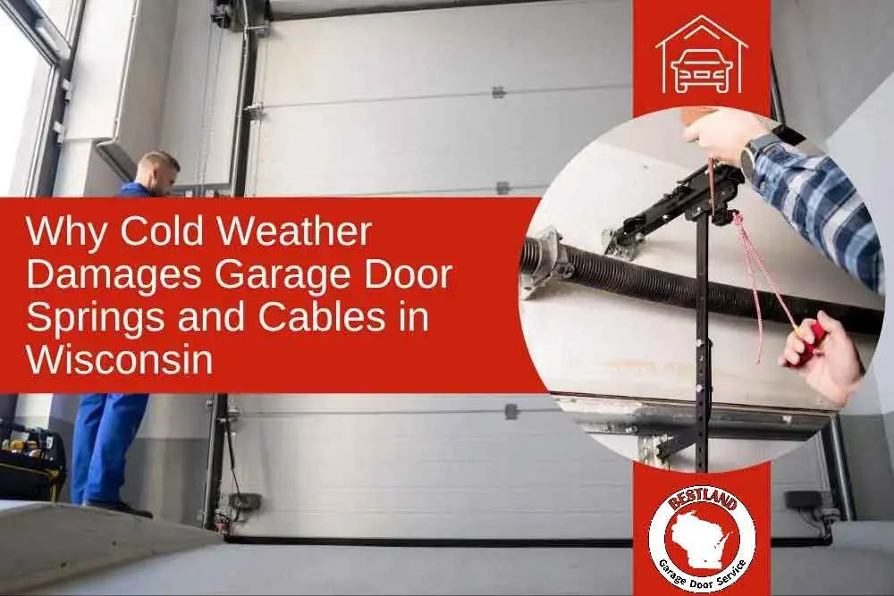 A technician in blue overalls inspects a garage door spring and cable system in a workshop. A red banner highlights “Why Cold Weather Damages Garage…| Bestland Garage Door Service – Green Bay Garage Door Repair