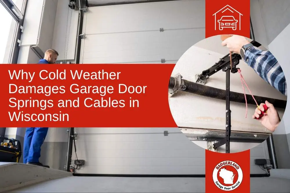 Technician fixing a garage door spring in winter as Bestland Garage Door provides service for cold weather damage in Wisconsin.