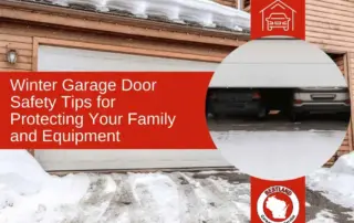 A snowy driveway leads to a partially open garage door, revealing two cars inside. Text reads "Winter Garage Door Safety Tips." This image promotes garage door repair services in Green Bay and Appleton, emphasizing safety during winter months.| Bestland Garage Door Service – Green Bay Garage Door Repair