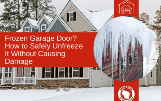 Frozen garage door with ice buildup showing winter risks and safe thawing needs. Bestland Garage Door Service.