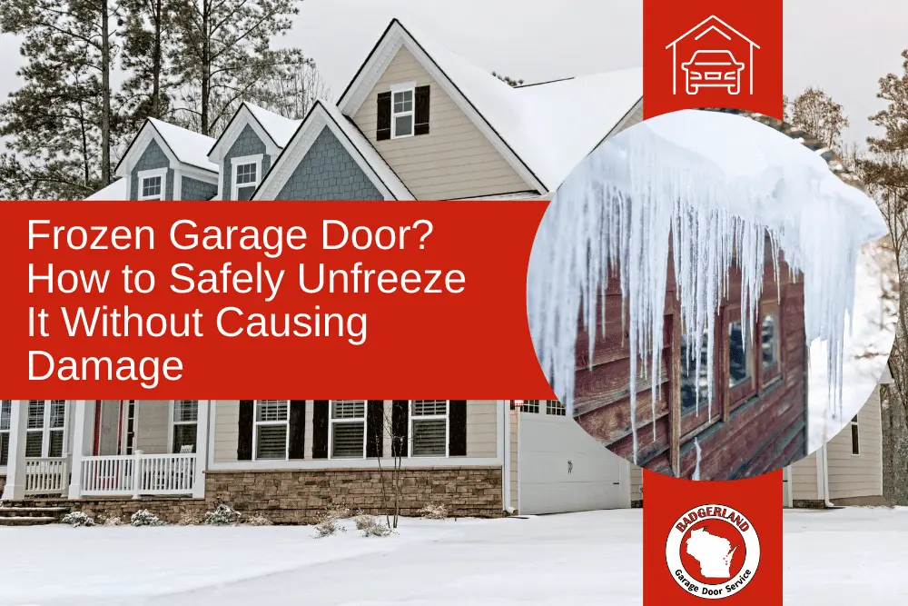 Frozen garage door with ice buildup showing winter risks and safe thawing needs. Bestland Garage Door Service.