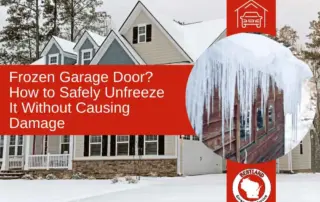 A snow-covered house with a frozen garage door is shown. Text on a red overlay reads, "Frozen Garage Door? How to Safely Unfreeze It Without Causing Damage." The Bestland Garage Door Service logo is visible, serving Green Bay and Appleton.| Bestland Garage Door Service – Green Bay Garage Door Repair