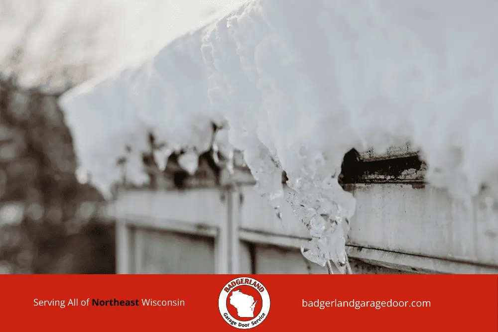 Snow-covered garage door with icicles, exemplifying winter conditions for garage door repair in Green Bay and Appleton.| Bestland Garage Door Service – Green Bay Garage Door Repair