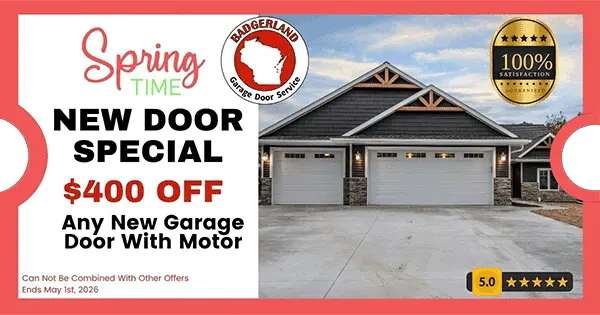 Spring sale ad for garage door repair in Green Bay, showing a discount and a new garage with three doors.| Bestland Garage Door Service – Green Bay Garage Door Repair