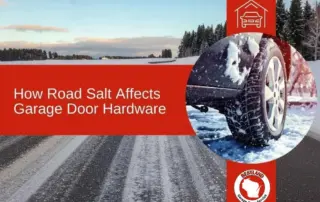 A snowy road with tire tracks, a car wheel with snow, and text discussing road salt's impact on garage door hardware. A logo for Bestland Garage Door Service is visible, highlighting services in Green Bay and Appleton.| Bestland Garage Door Service – Green Bay Garage Door Repair