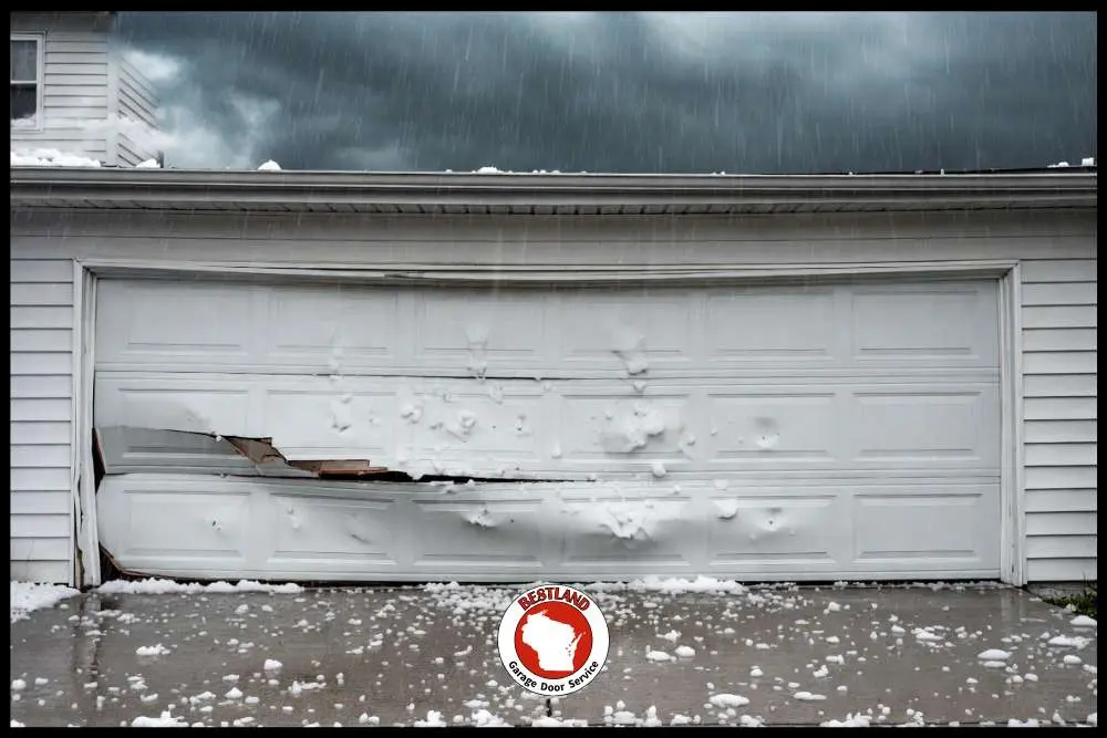 A white garage door in need of repair is dented and broken, with hail damage visible. The scene is set during a storm, with rain and hail on the ground. Bestland Garage Door Service logo is displayed, highlighting their Green Bay expertise.| Bestland Garage Door Service – Green Bay Garage Door Repair
