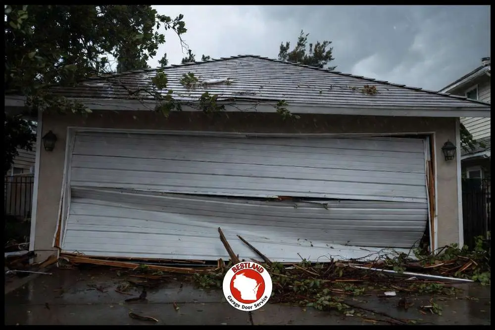 A damaged white garage door with fallen branches and debris in front, under a cloudy sky. The scene highlights the need for garage door repair services in Green Bay, emphasizing the importance of local expertise for storm damage recovery.| Bestland Garage Door Service – Green Bay Garage Door Repair