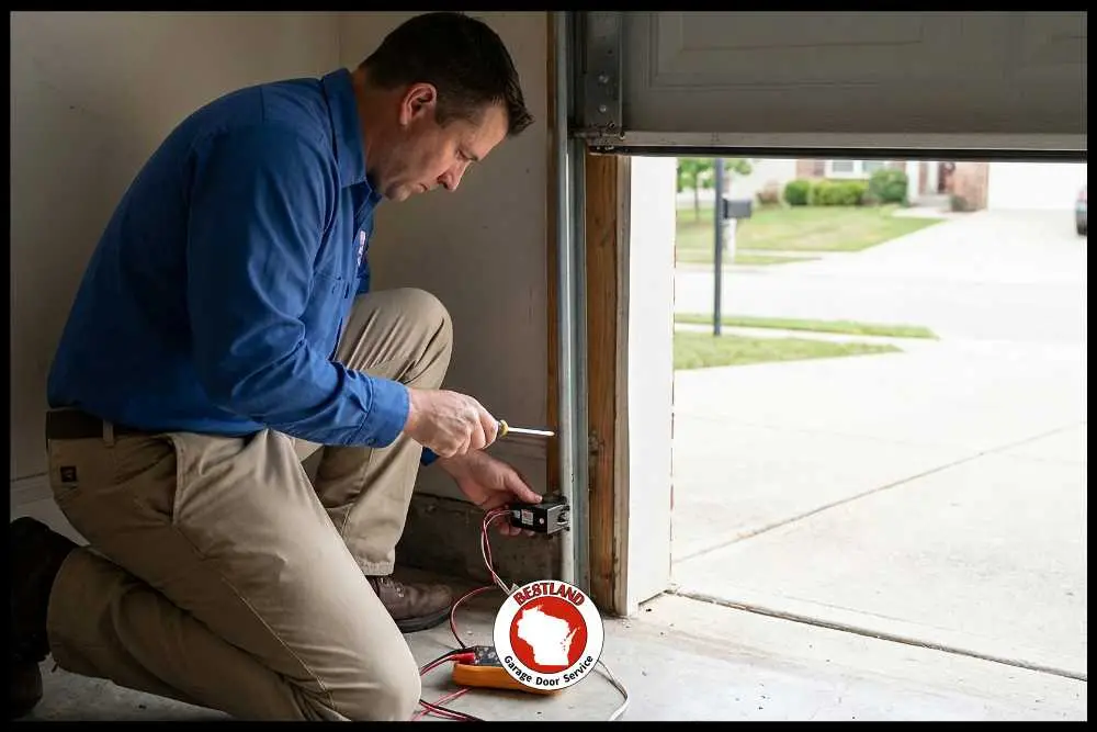 A technician in a blue shirt and khaki pants kneels inside a garage, repairing a door mechanism. Sunlight filters in from outside. A logo for Bestland Garage Door Service is visible. This scene represents professional garage door repair in Green Bay.| Bestland Garage Door Service – Green Bay Garage Door Repair