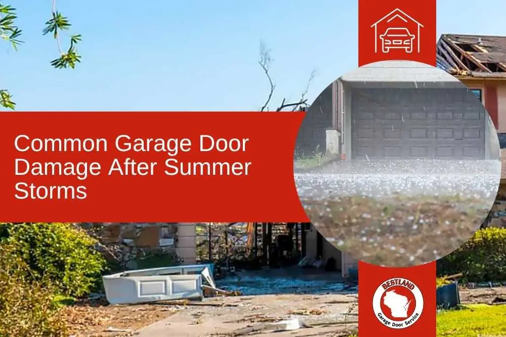 A damaged garage door is surrounded by debris after a storm, highlighting the need for urgent garage door repair services. The image emphasizes Bestland Garage Door Service's expertise in addressing such issues in Green Bay and Appleton.| Bestland Garage Door Service – Green Bay Garage Door Repair