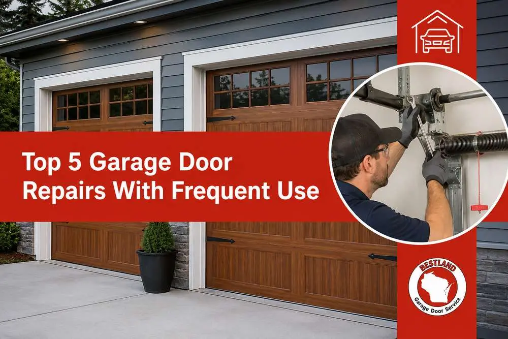 A garage with wooden doors is shown, with a circular inset of a technician repairing a spring, highlighting garage door repair services available in Green Bay and Appleton.| Bestland Garage Door Service – Green Bay Garage Door Repair
