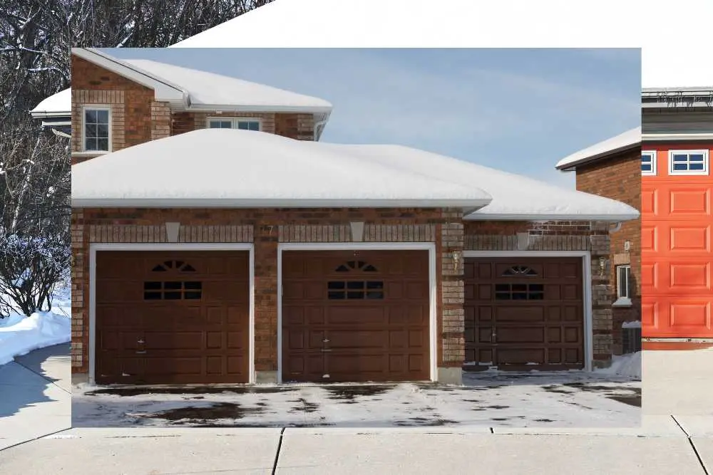 A snow-covered, two-car garage with brown doors and a brick exterior is shown. The scene highlights winter in Green Bay, emphasizing the need for reliable garage door repair services.| Bestland Garage Door Service – Green Bay Garage Door Repair