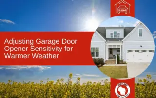 A modern white house with a double garage door under a sunny sky, surrounded by a yellow flower field. Text reads "Adjusting Garage Door Opener…| Bestland Garage Door Service – Green Bay Garage Door Repair