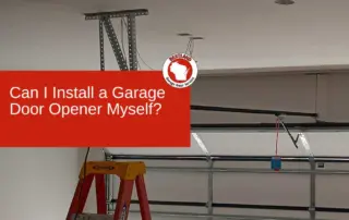 Garage door opener installation with ladder and instructional text