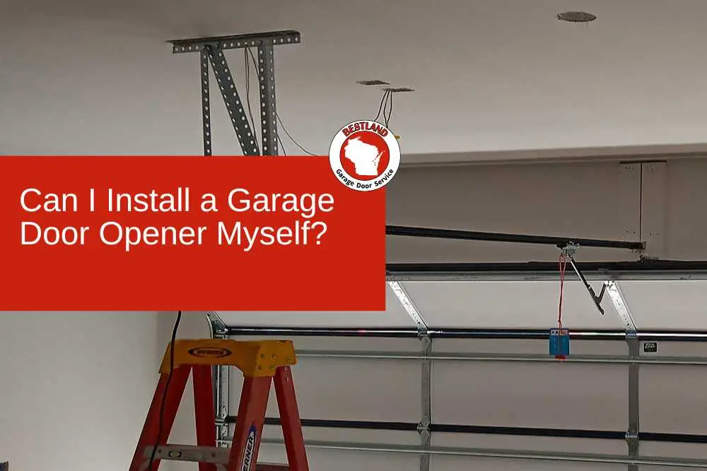 Garage door opener installation with ladder and instructional text