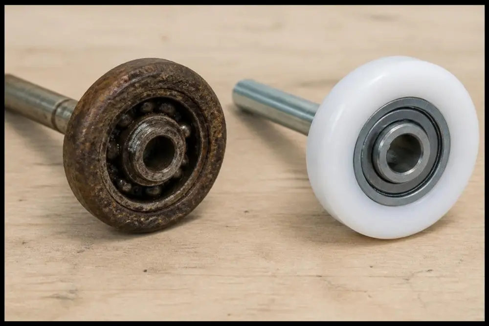 Garage door roller inspection for grinding and squeaking