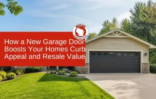 Modern home with dark garage door and promotional text