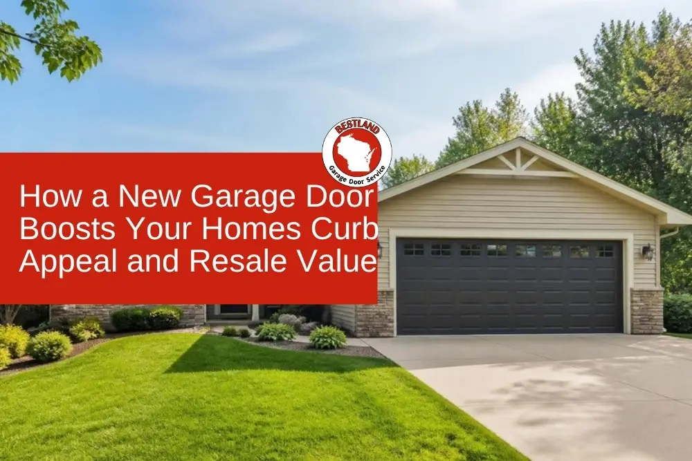 Modern home with dark garage door and promotional text